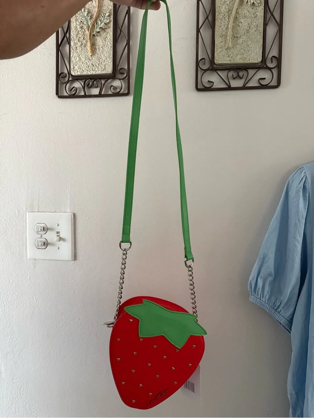 Betsey Johnson Red Strawberry Crossbody with Green Strap